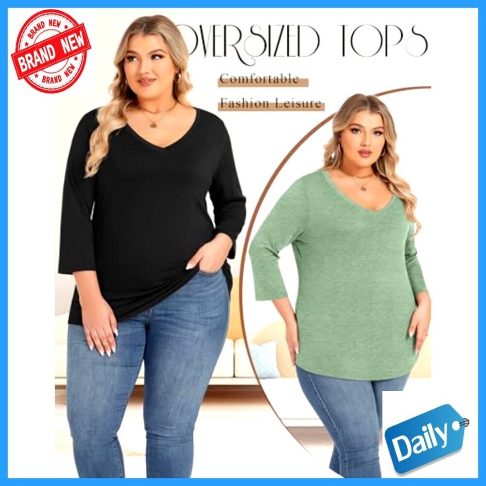 Plus Size 3/4 Sleeve V-Neck Cotton Tops 3-Pack Loose Fit Tees - Picture 4 of 7